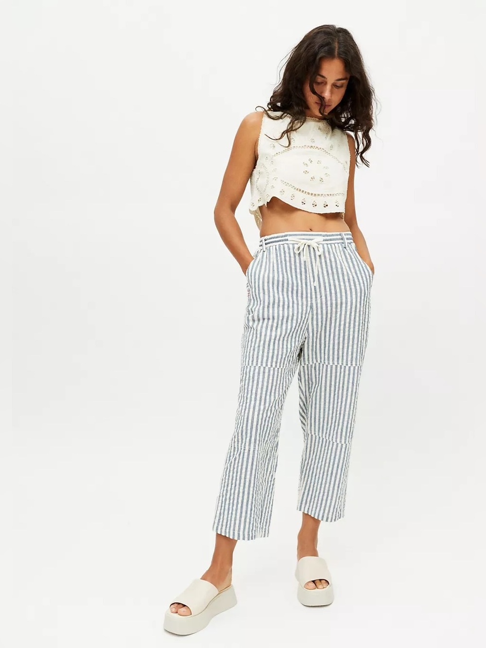 BDG Urban Outfitters Blue and White Striped Cropped Drawstring Pants